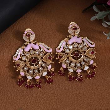 Rani color kundan meenakari earrings 1