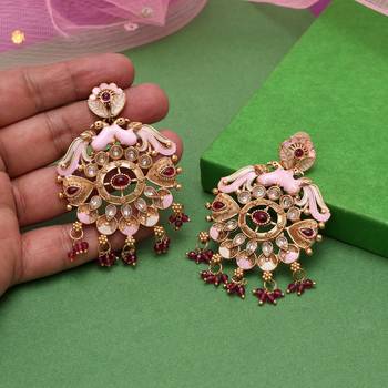 Rani color kundan meenakari earrings 2
