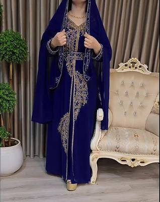 Navy Blue color Handmade Moroccan Kaftan with Embroidered zari work hijab 1