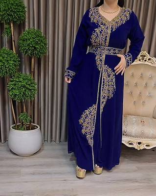 Navy Blue color Handmade Moroccan Kaftan with Embroidered zari work hijab 2