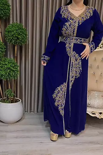 Navy Blue color Handmade Moroccan Kaftan with Embroidered zari work hijab
