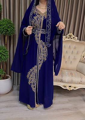 Navy Blue color Handmade Moroccan Kaftan with Embroidered zari work hijab 3
