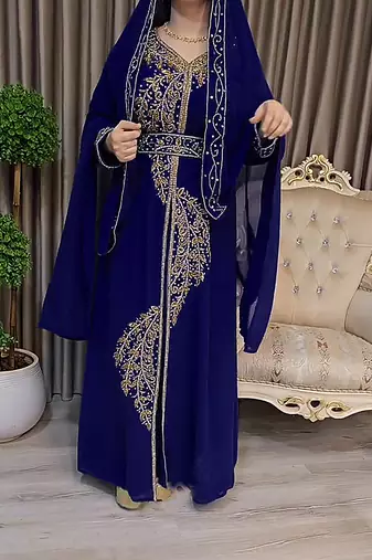 Navy Blue color Handmade Moroccan Kaftan with Embroidered zari work hijab