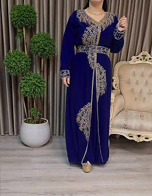 Navy Blue color Handmade Moroccan Kaftan with Embroidered zari work hijab 4