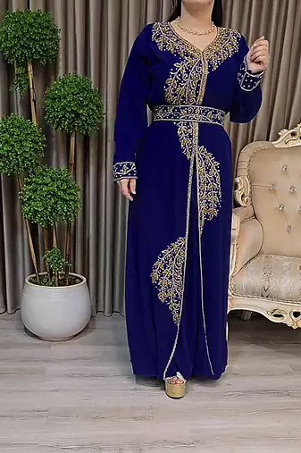 Navy Blue color Handmade Moroccan Kaftan with Embroidered zari work hijab