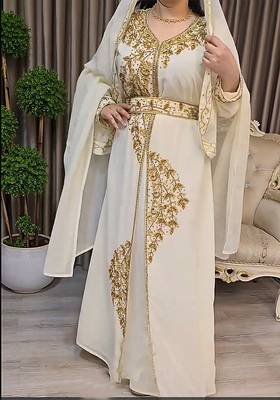 Off White color Handmade Moroccan Kaftan with Embroidered zari work hijab 1