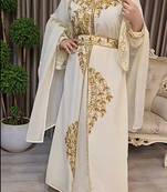 Off White color luxurious Handmade Moroccan Kaftan with Embroidered zari work hijab.
