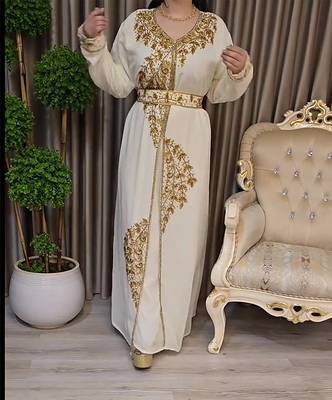 Off White color Handmade Moroccan Kaftan with Embroidered zari work hijab 2