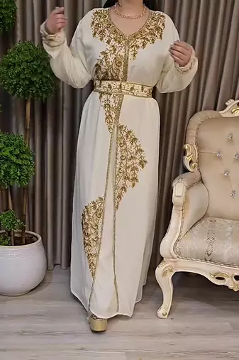 Off White color Handmade Moroccan Kaftan with Embroidered zari work hijab