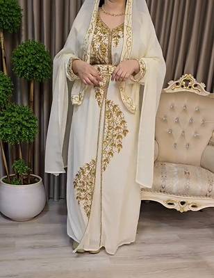 Off White color Handmade Moroccan Kaftan with Embroidered zari work hijab 3