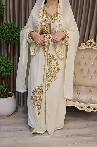 Off White color Handmade Moroccan Kaftan with Embroidered zari work hijab