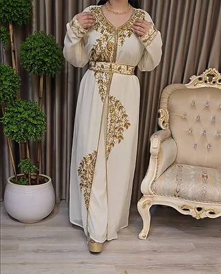 Off White color Handmade Moroccan Kaftan with Embroidered zari work hijab 4