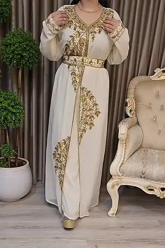 Off White color Handmade Moroccan Kaftan with Embroidered zari work hijab