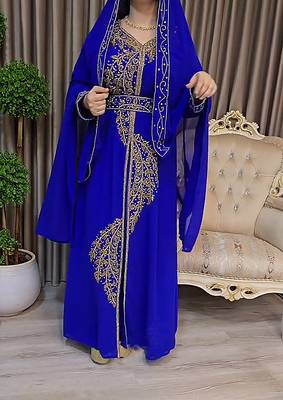 Royal Blue color Handmade Moroccan Kaftan with Embroidered zari work hijab 1