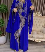 Royal Blue color luxurious Handmade Moroccan Kaftan with Embroidered zari work hijab.