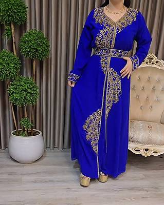 Royal Blue color Handmade Moroccan Kaftan with Embroidered zari work hijab 2
