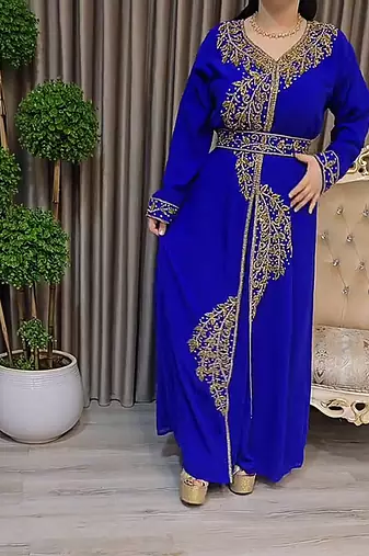 Royal Blue color Handmade Moroccan Kaftan with Embroidered zari work hijab