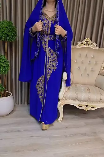 Royal Blue color Handmade Moroccan Kaftan with Embroidered zari work hijab