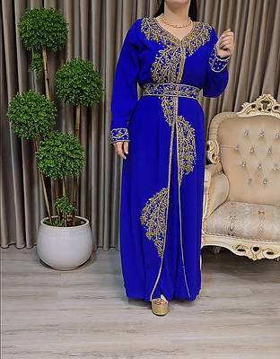 Royal Blue color Handmade Moroccan Kaftan with Embroidered zari work hijab 4