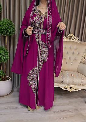 Wine color Handmade Moroccan Kaftan with Embroidered zari work hijab 1