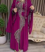 Wine color luxurious Handmade Moroccan Kaftan with Embroidered zari work hijab.