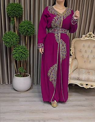 Wine color Handmade Moroccan Kaftan with Embroidered zari work hijab 2
