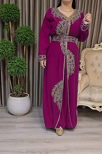 Wine color Handmade Moroccan Kaftan with Embroidered zari work hijab