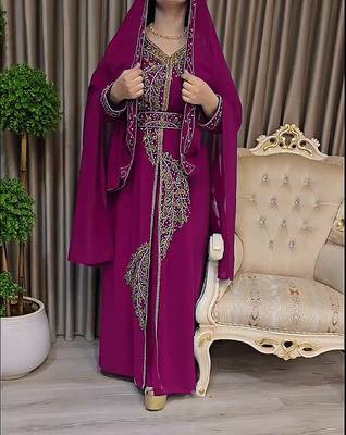 Wine color Handmade Moroccan Kaftan with Embroidered zari work hijab 3