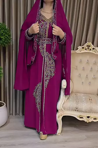 Wine color Handmade Moroccan Kaftan with Embroidered zari work hijab