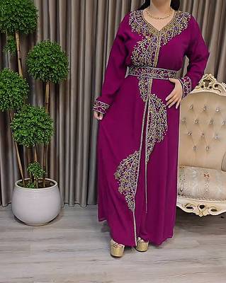 Wine color Handmade Moroccan Kaftan with Embroidered zari work hijab 4