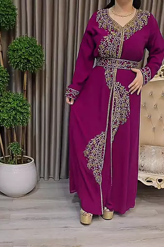 Wine color Handmade Moroccan Kaftan with Embroidered zari work hijab