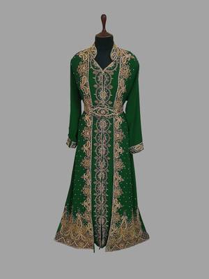 Dark Green embroidered georgette islamic kaftans With Sun-proof hijab 1