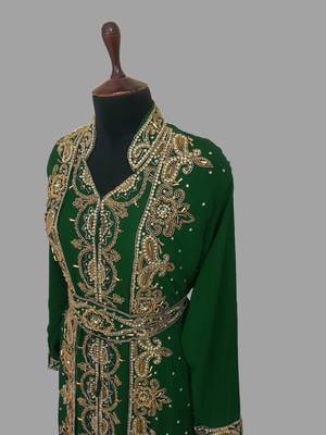 Dark Green embroidered georgette islamic kaftans With Sun-proof hijab 3