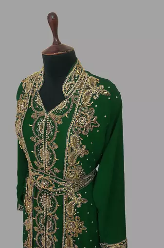 Dark Green embroidered georgette islamic kaftans With Sun-proof hijab