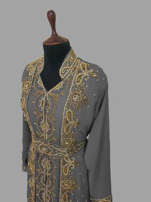 Grey embroidered georgette islamic kaftans With Sun-proof hijab 3