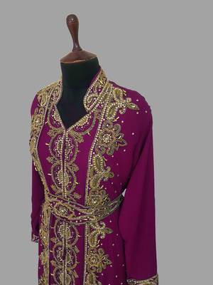Wine embroidered georgette islamic kaftans With Sun-proof hijab 3