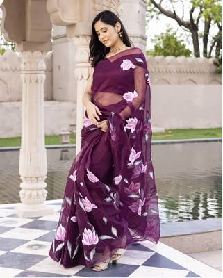 Purple Organza Hand painted Saree with Blouse 1