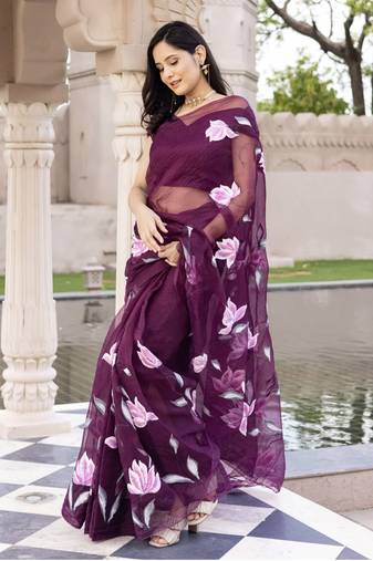 Purple Organza Hand painted Saree with Blouse