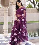 Purple Organza Hand painted Saree with Blouse