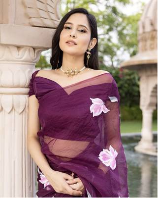 Purple Organza Hand painted Saree with Blouse 2