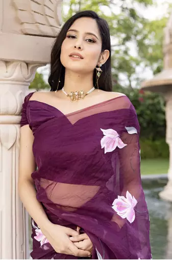 Purple Organza Hand painted Saree with Blouse