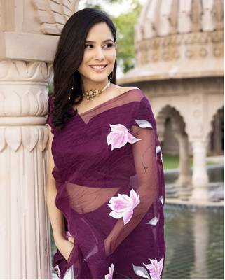 Purple Organza Hand painted Saree with Blouse 3