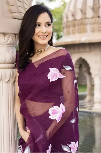 Purple Organza Hand painted Saree with Blouse