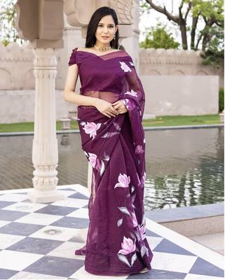 Purple Organza Hand painted Saree with Blouse 4