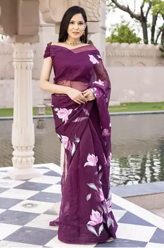 Purple Organza Hand painted Saree with Blouse