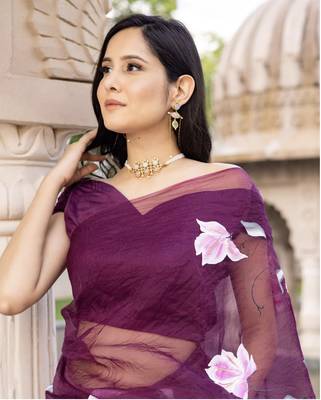 Purple Organza Hand painted Saree with Blouse 5