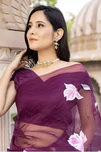 Purple Organza Hand painted Saree with Blouse