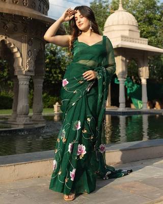 Green organza Hand painted Saree with Blouse 1