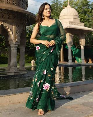 Green organza Hand painted Saree with Blouse 3