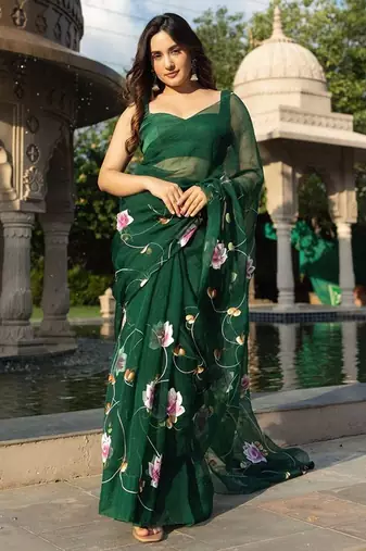 Green organza Hand painted Saree with Blouse